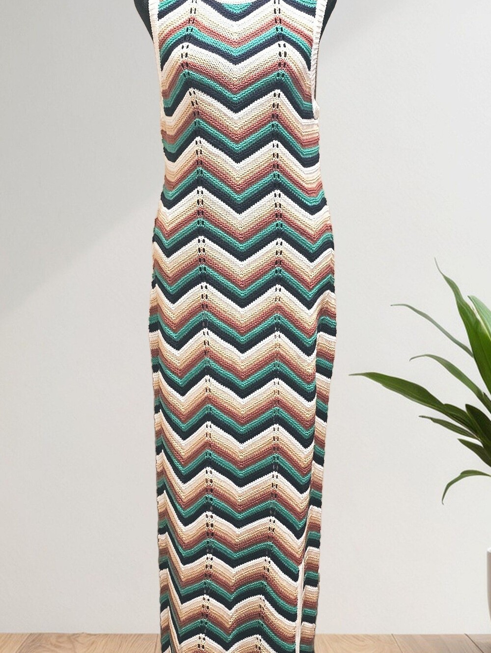 Sleeveless Chevron Knit Maxi Dress in Teal & Cream